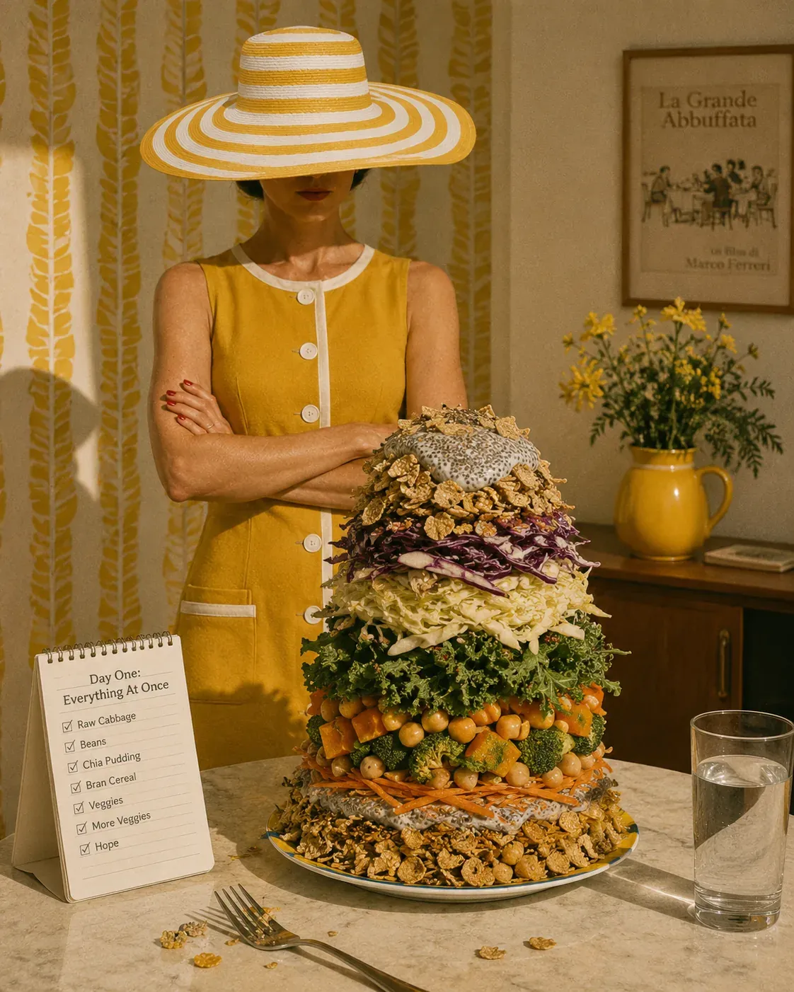 Woman standing beside an oversized stack of raw vegetables, beans, bran, and chia pudding to show the mistake of increasing fiber too quickly