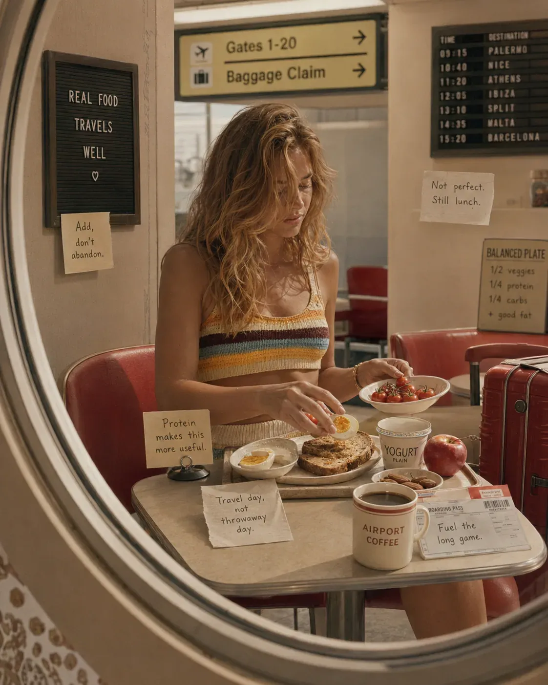 Woman eating a simple balanced meal in an airport café with eggs, toast, yogurt, fruit, and coffee for travel-day nourishment | Becoming Elysian