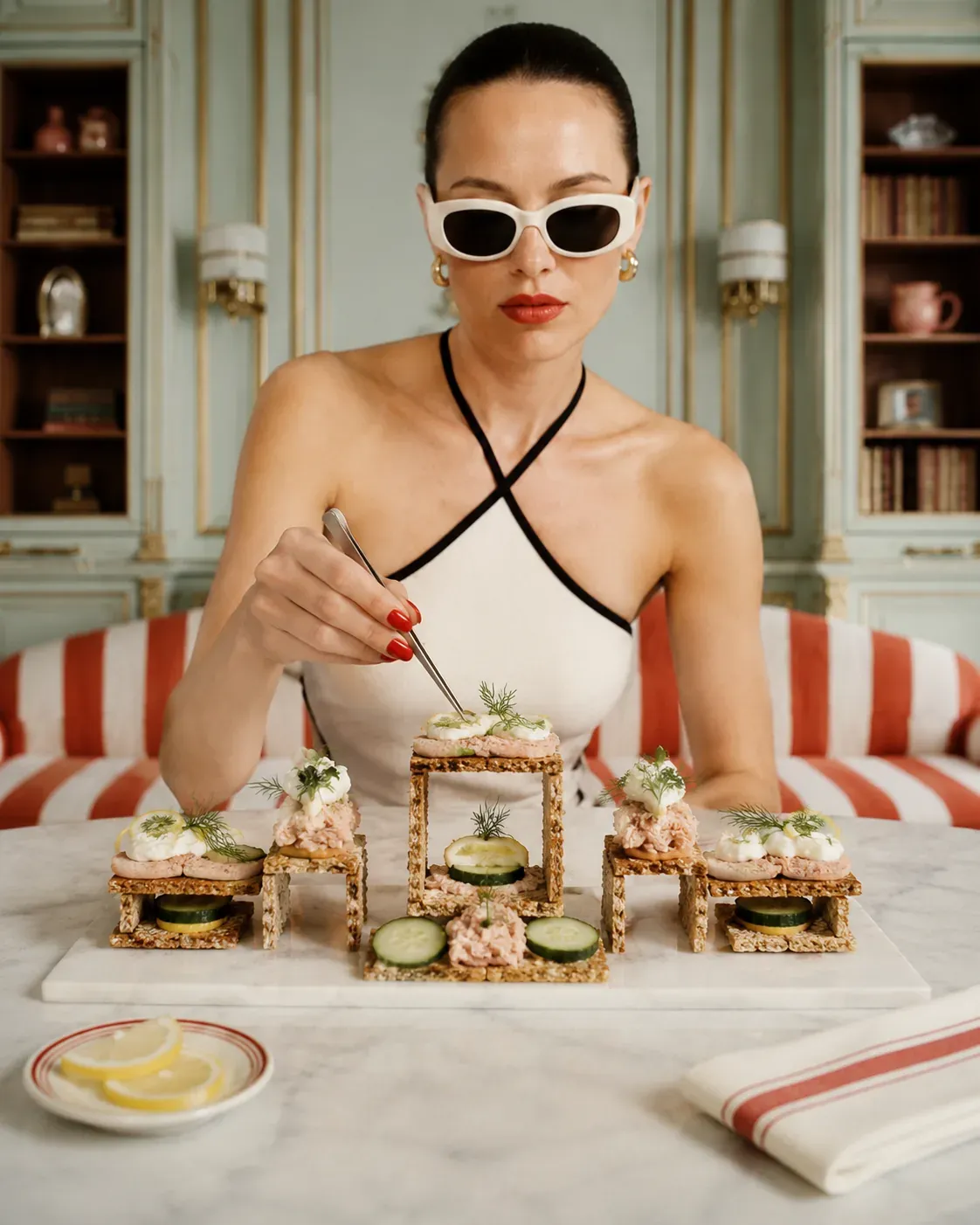 Savory tuna and salmon cracker snack board with cucumber, lemon, herbs, and small ceramic dishes on a sunlit marble table | Becoming Elysian quiet luxury wellness