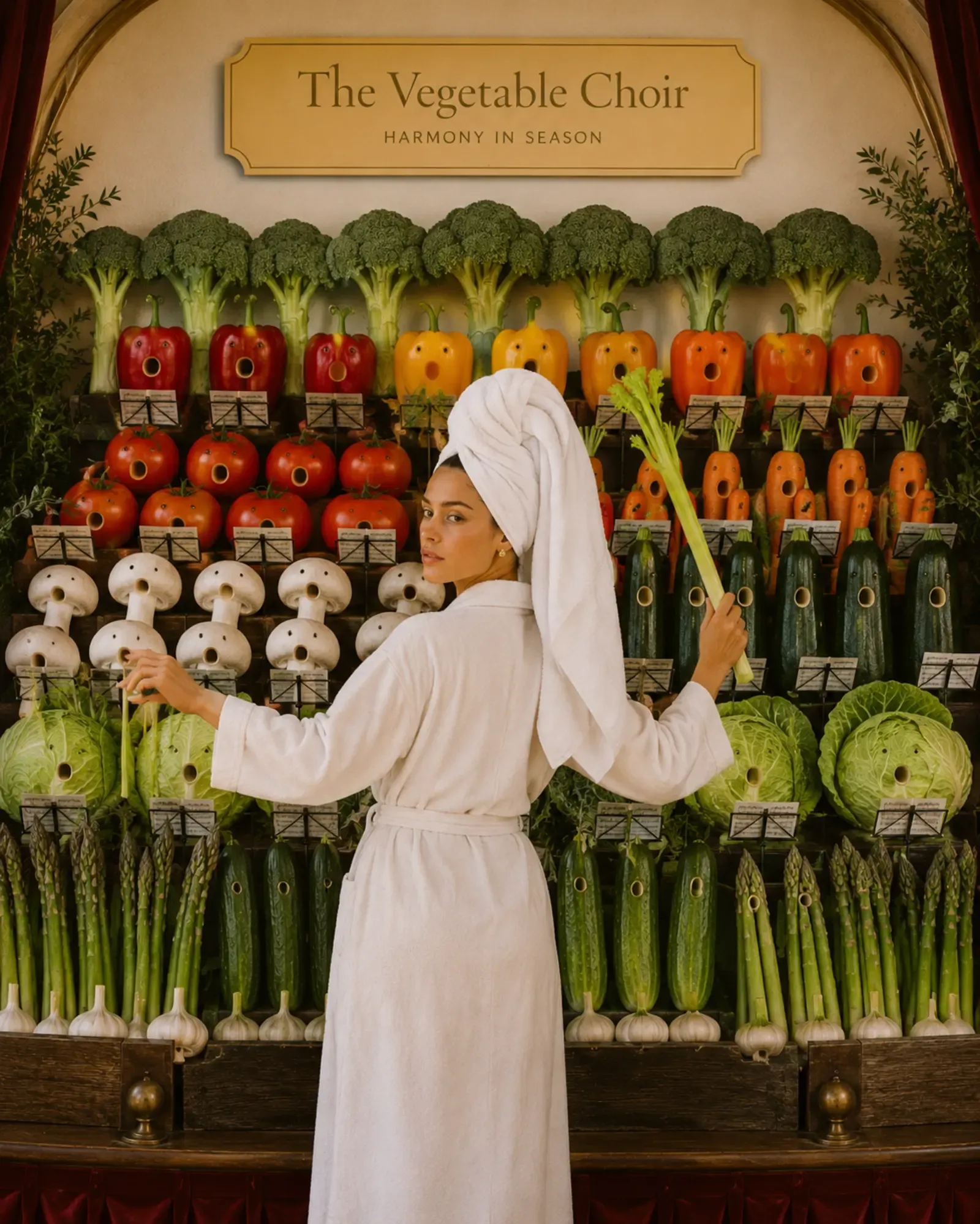 Woman in white robe and towel turban standing before a theatrical "The Vegetable Choir" display of singing vegetables including broccoli, peppers, tomatoes, carrots, zucchini, cabbage, asparagus, and mushrooms in a grand arched hall | Becoming Elysian quiet luxury wellness editorial