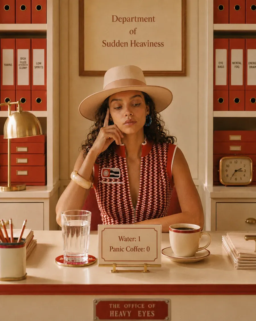 Woman at desk with water and coffee, showing hydration before extra caffeine for afternoon energy | Becoming Elysian
