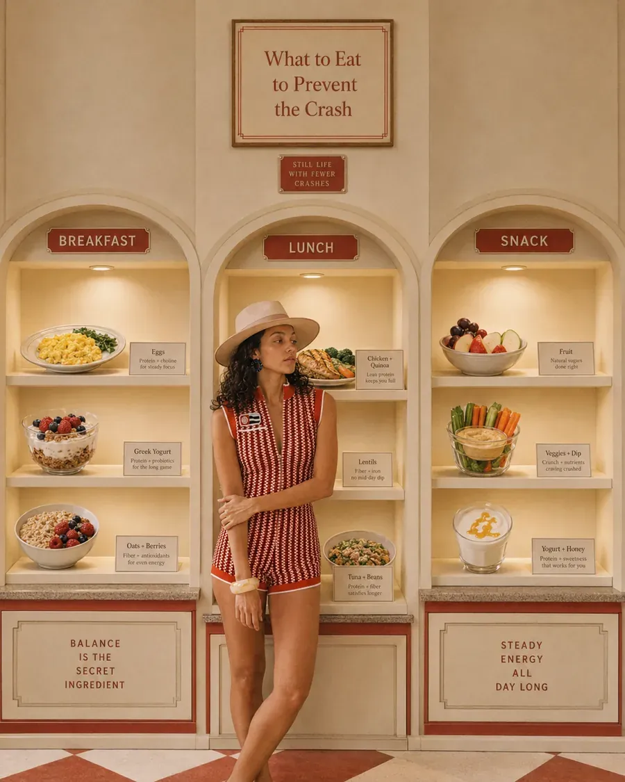 Woman choosing nourishing meals from arched breakfast lunch and snack displays for steady energy | Becoming Elysian