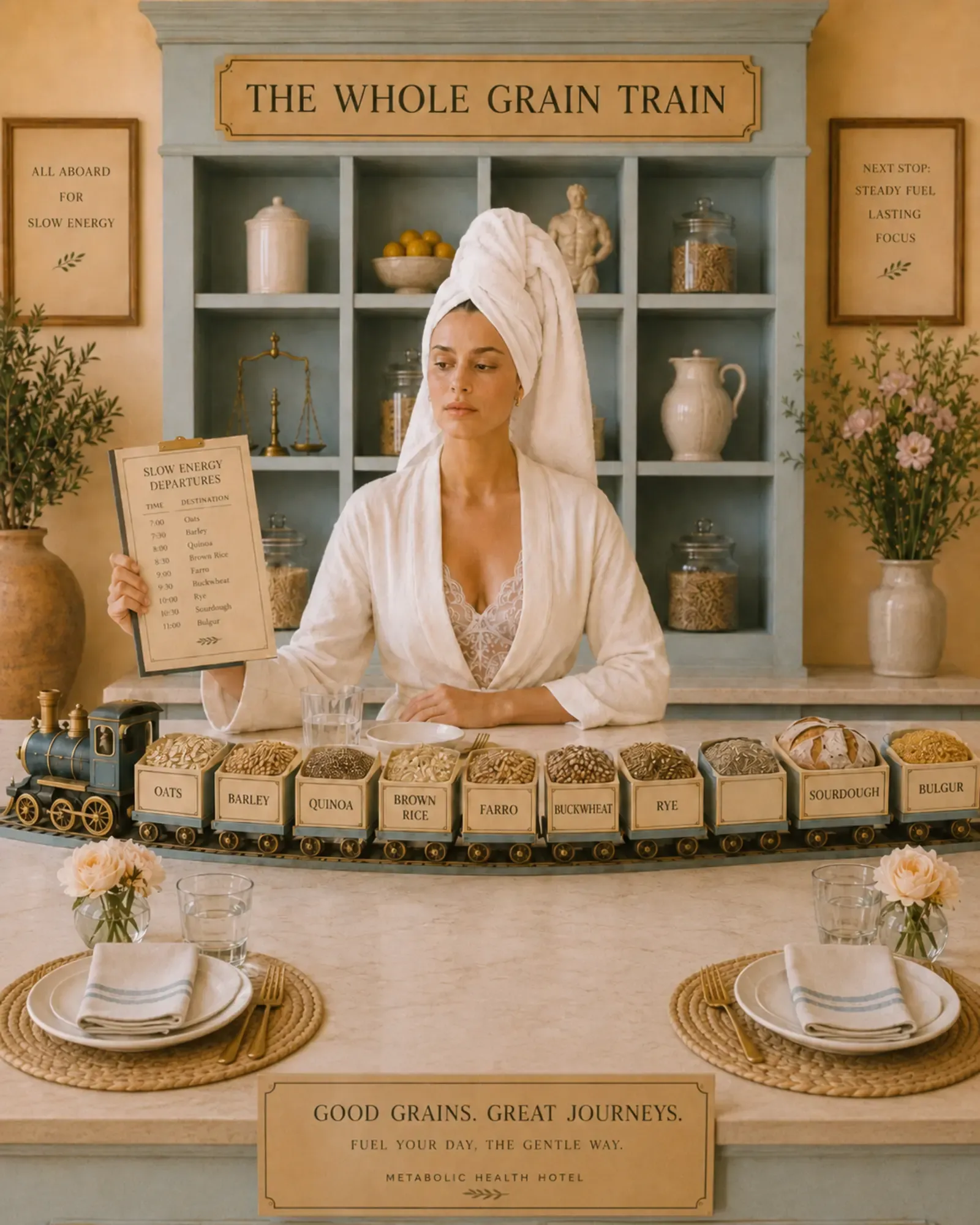 Woman in white robe and towel turban as station master at "The Whole Grain Train" counter, holding a departure schedule while a toy train carries labeled cars of oats, barley, quinoa, brown rice, farro, buckwheat, rye, sourdough, and bulgur across a marble counter | Becoming Elysian quiet luxury wellness editorial