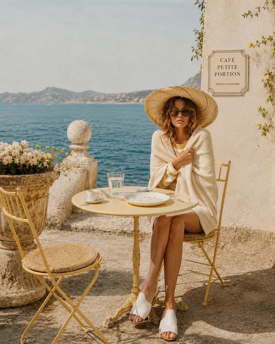 A serene Mediterranean terrace scene with a woman in a flowing cream outfit and wide straw hat sitting peacefully at a yellow cafe table by the sea, eyes closed in quiet enjoyment, with a cup of coffee and a balanced breakfast plate in front of her | Becoming Elysian quiet luxury wellness