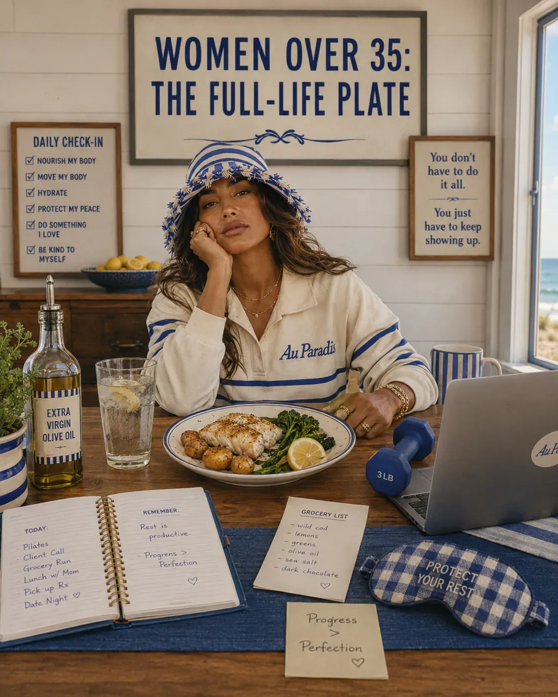 Woman over 35 sitting with a full-life plate, representing the demands of stress, sleep, hormones, work, and nourishment | Becoming Elysian women over 35 wellness