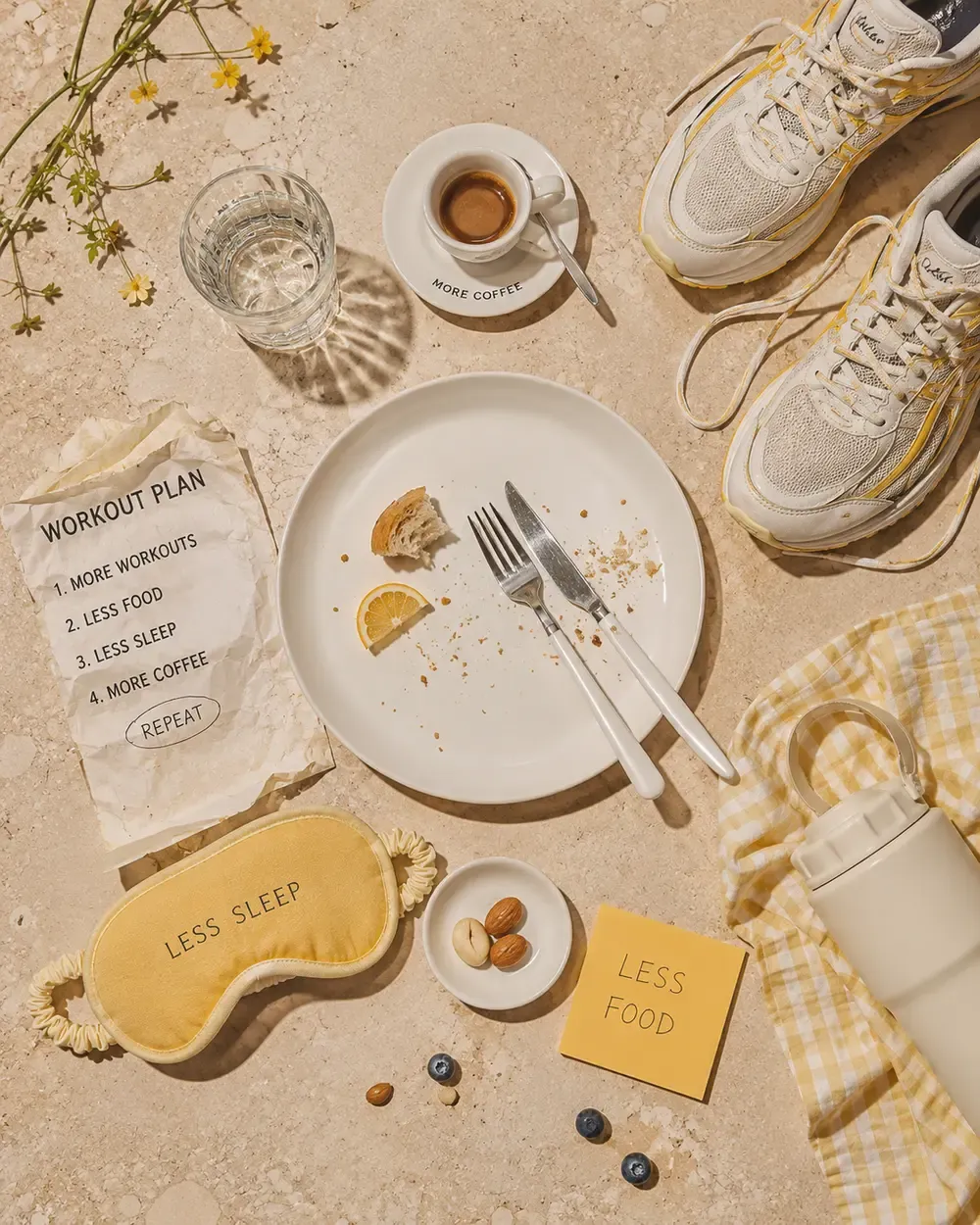 A thoughtfully styled flat lay on warm stone showing a crumpled “WORKOUT PLAN” note with the list 1. MORE WORKOUTS 2. LESS FOOD 3. LESS SLEEP 4. MORE COFFEE REPEAT, a yellow sleep mask embroidered “LESS SLEEP”, white and yellow sneakers, an empty white plate with crumbs and a lemon wedge, a “MORE COFFEE” cup, water bottle, and scattered almonds and blueberries | Becoming Elysian quiet luxury wellness
