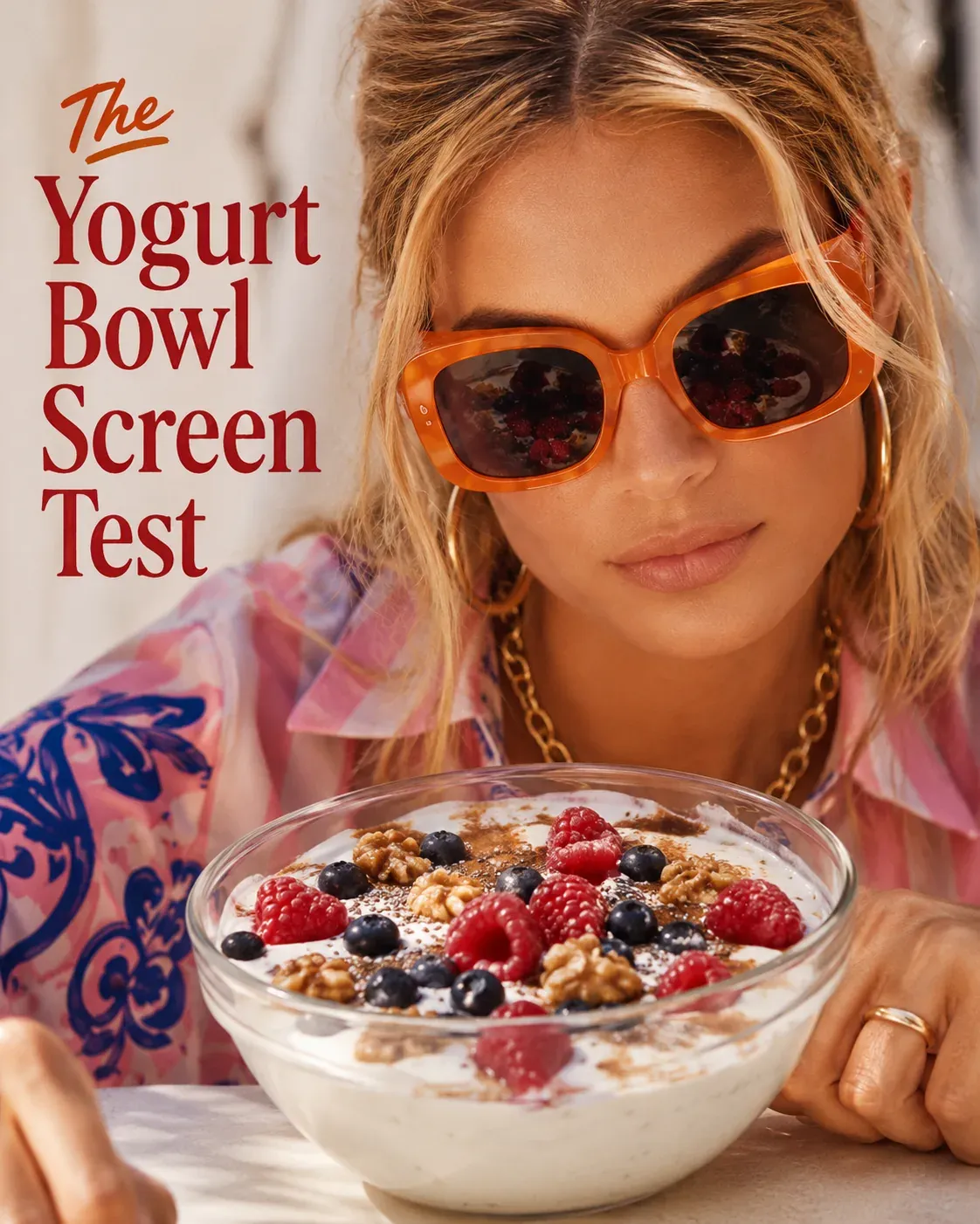 Close-up of woman in orange sunglasses with a Greek yogurt bowl topped with berries, walnuts, chia, and cinnamon | Becoming Elysian Mediterranean breakfast